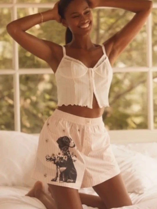 Anthropologie The Wren Boxer Shorts - pink striped with dog - LARGE - NWT - Picture 2 of 4